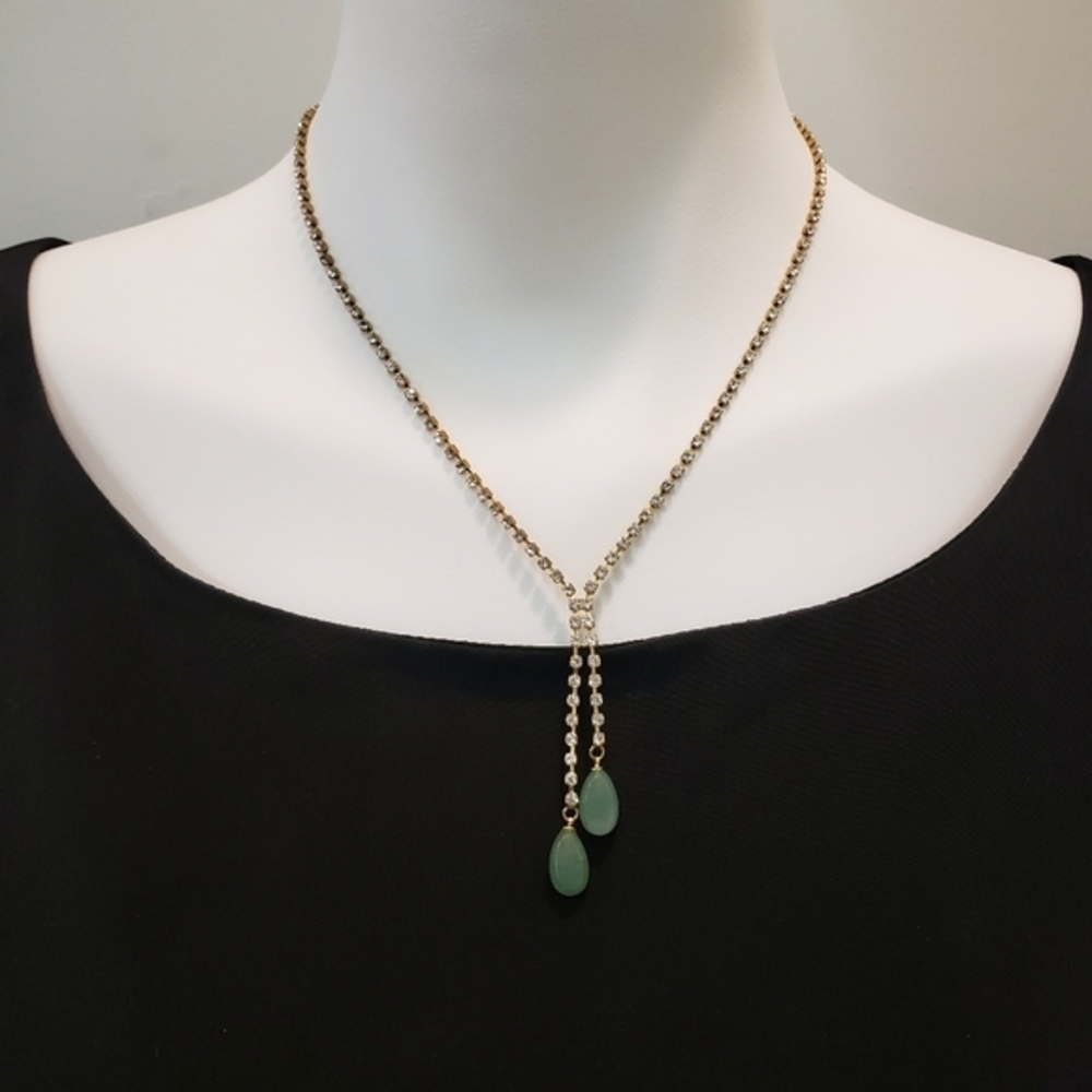 CRYSTAL Rhinestone Chain Y Lariat Necklace Green Aventurine Semiprecious Stones